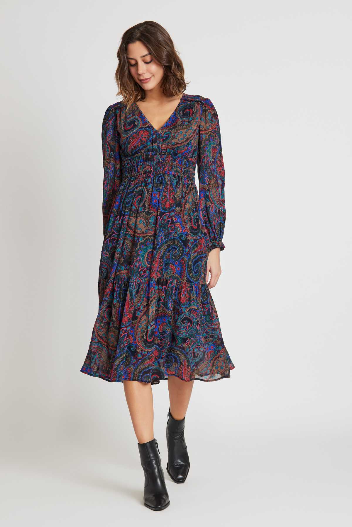 SCARLETT printed voile V neck midi dress